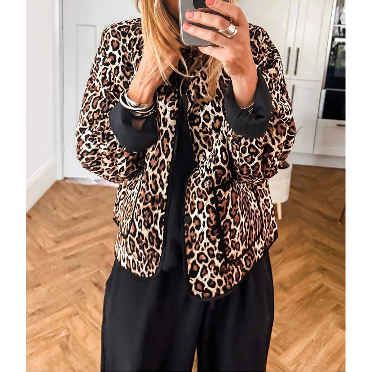 Geri Brown Leopard Print Quilted Button Front Patch Pockets Jacket
