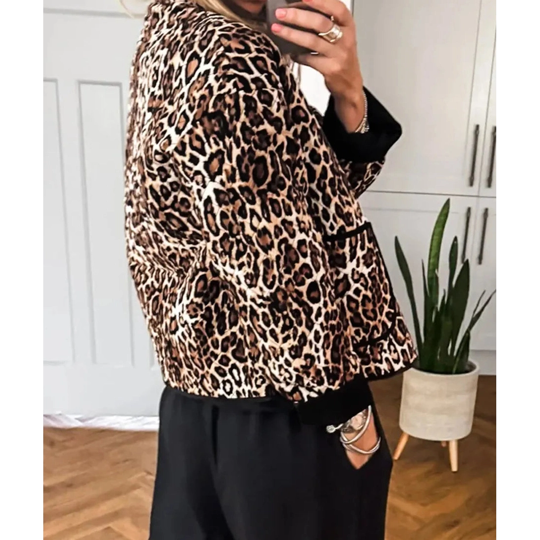 Geri Brown Leopard Print Quilted Button Front Patch Pockets Jacket