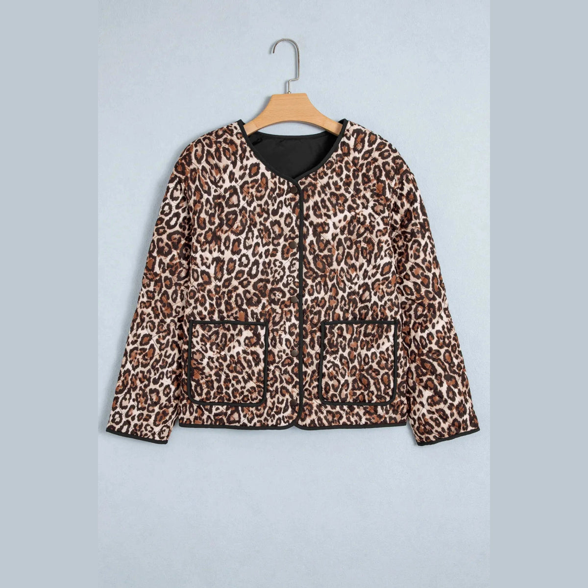 Geri Brown Leopard Print Quilted Button Front Patch Pockets Jacket