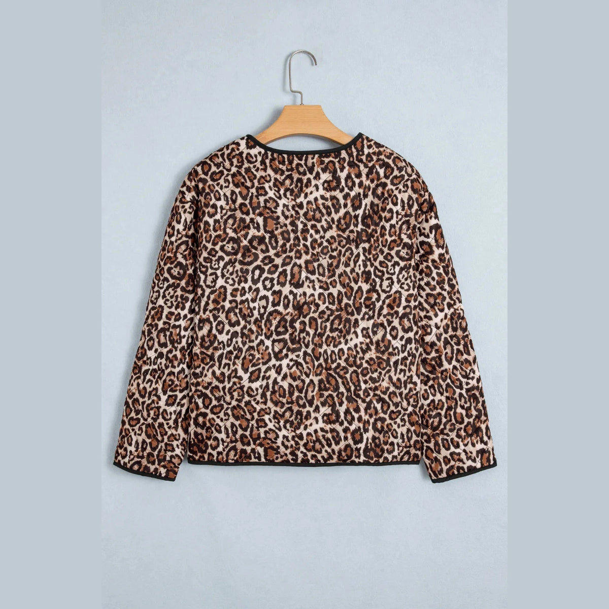 Geri Brown Leopard Print Quilted Button Front Patch Pockets Jacket