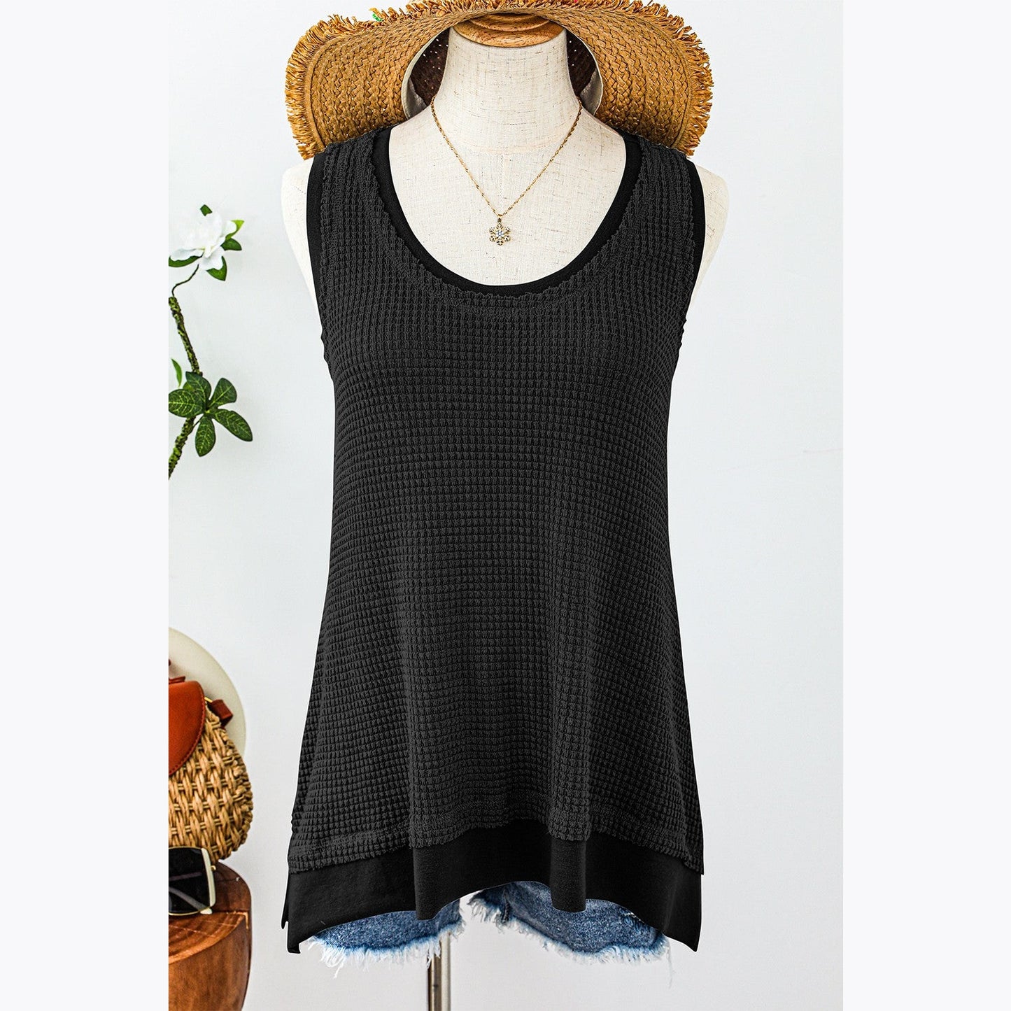 Gertrude Black Scoop Neck Waffle Knit Flowy Tank