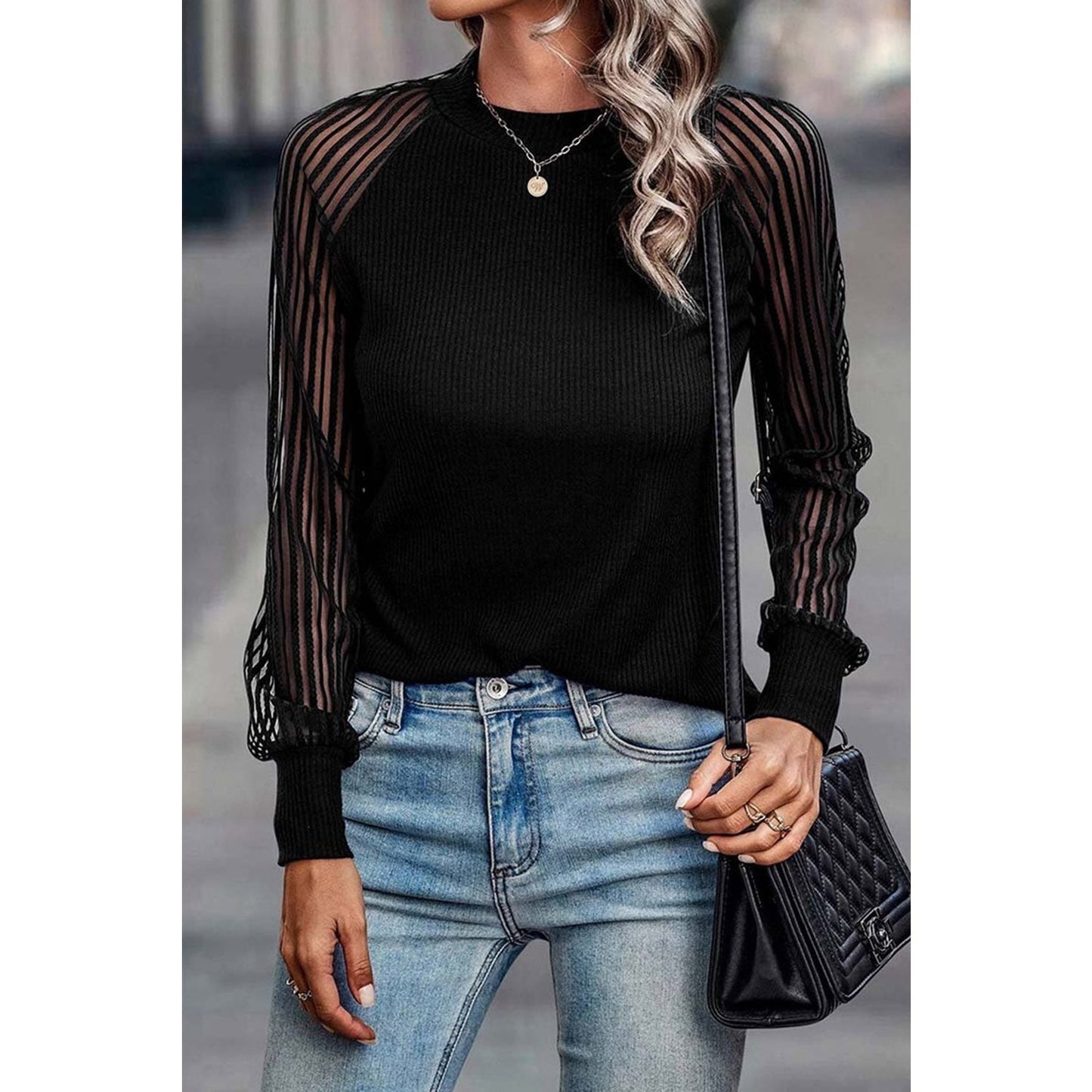 Gidgett Black Striped Mesh Long Sleeve Crewneck Ribbed Top