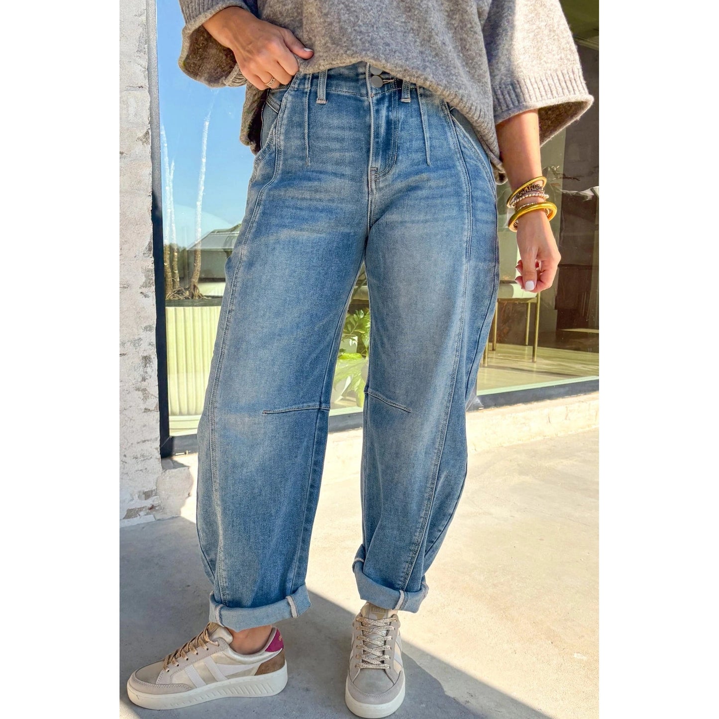 Gidgett Sky Blue Medium Wash Cuffed Barrel Jeans