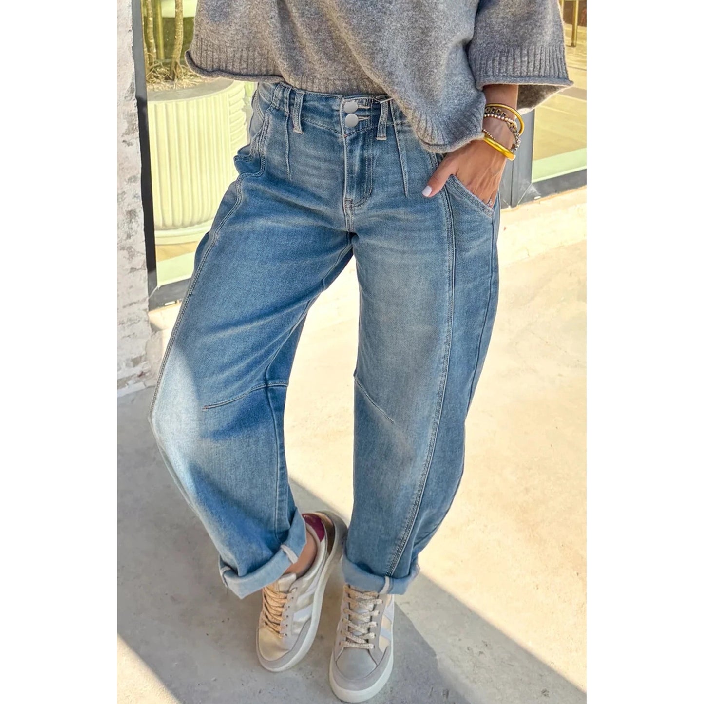 Gidgett Sky Blue Medium Wash Cuffed Barrel Jeans