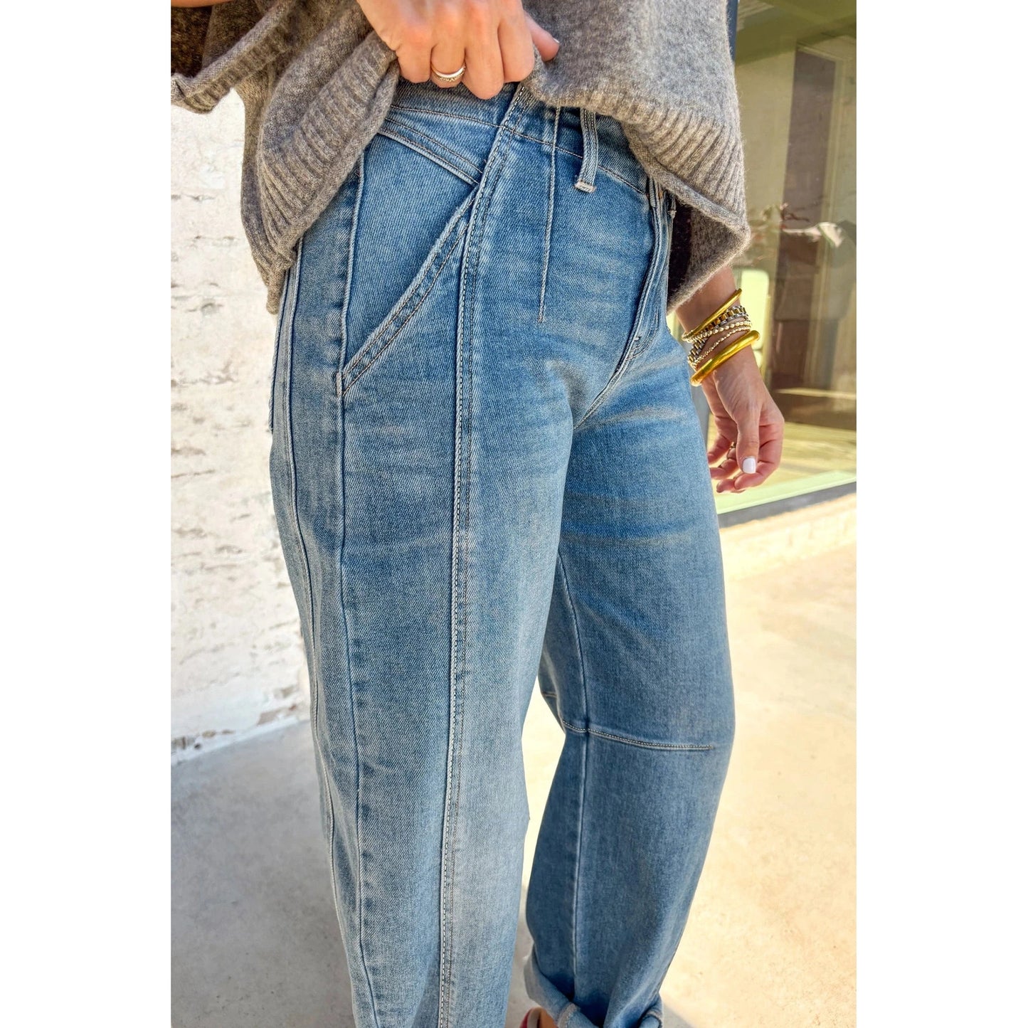 Gidgett Sky Blue Medium Wash Cuffed Barrel Jeans