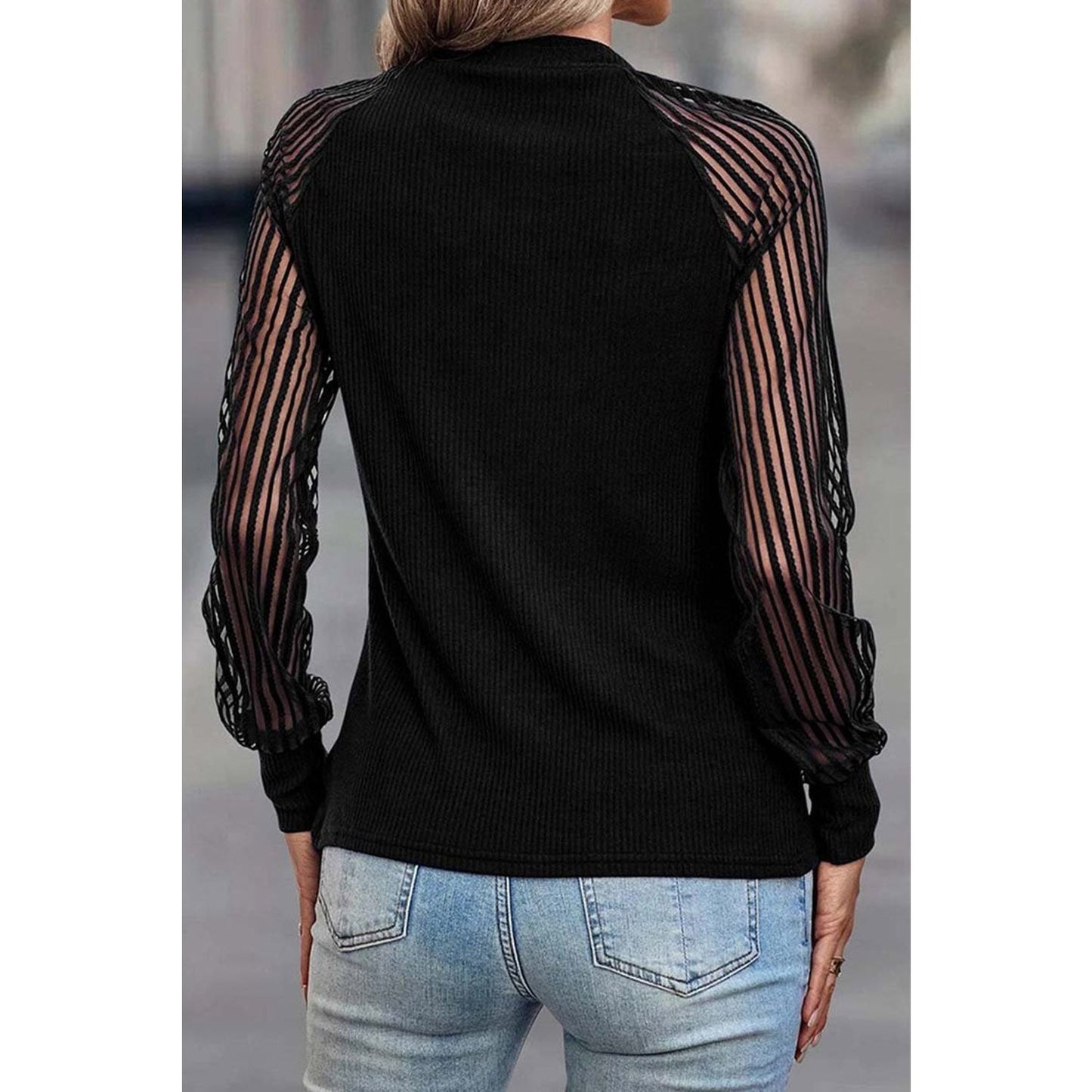 Gidgett Black Striped Mesh Long Sleeve Crewneck Ribbed Top