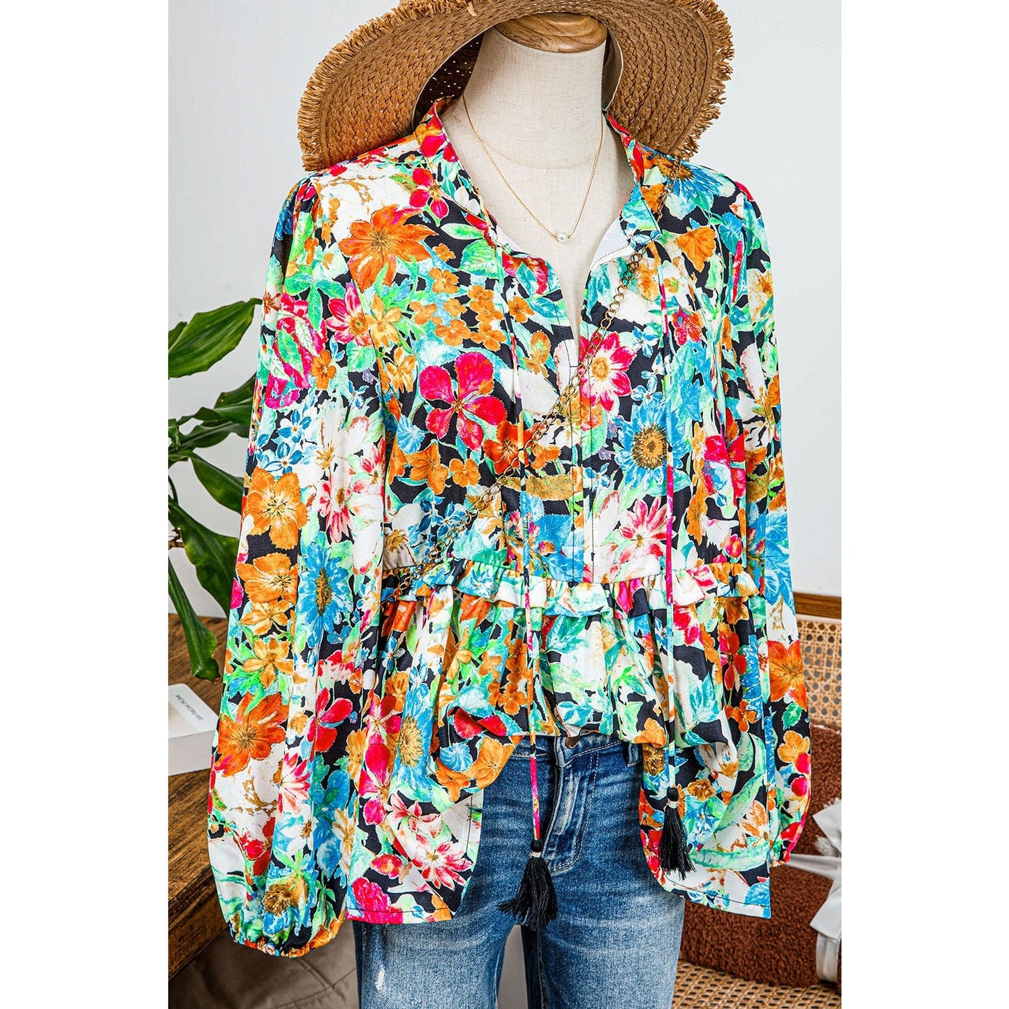 Gilda Multicolour Floral Print Bubble Sleeve V Neck Ruffled Blouse