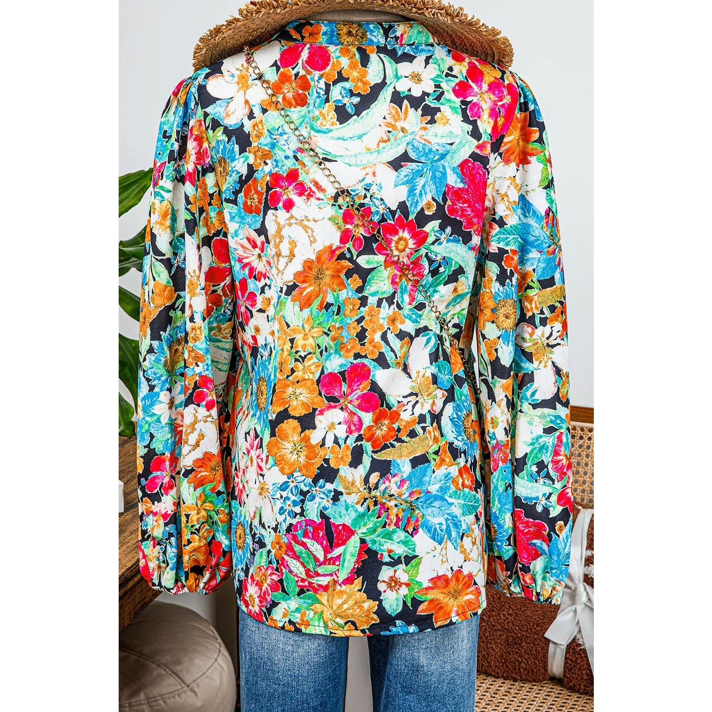 Gilda Multicolour Floral Print Bubble Sleeve V Neck Ruffled Blouse