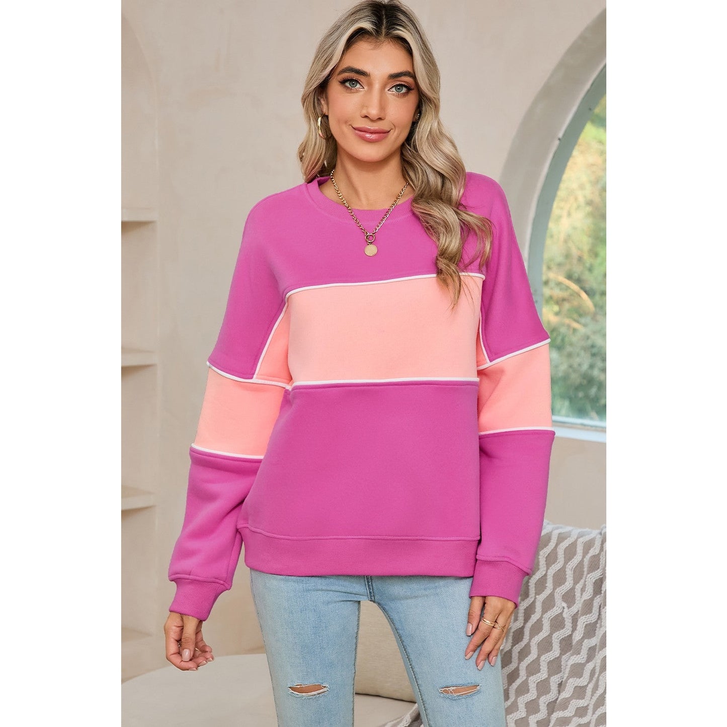 Gilly Sachet Pink Colorblock Patchwork Drop Shoulder Ribbed Trim Sweatshirt