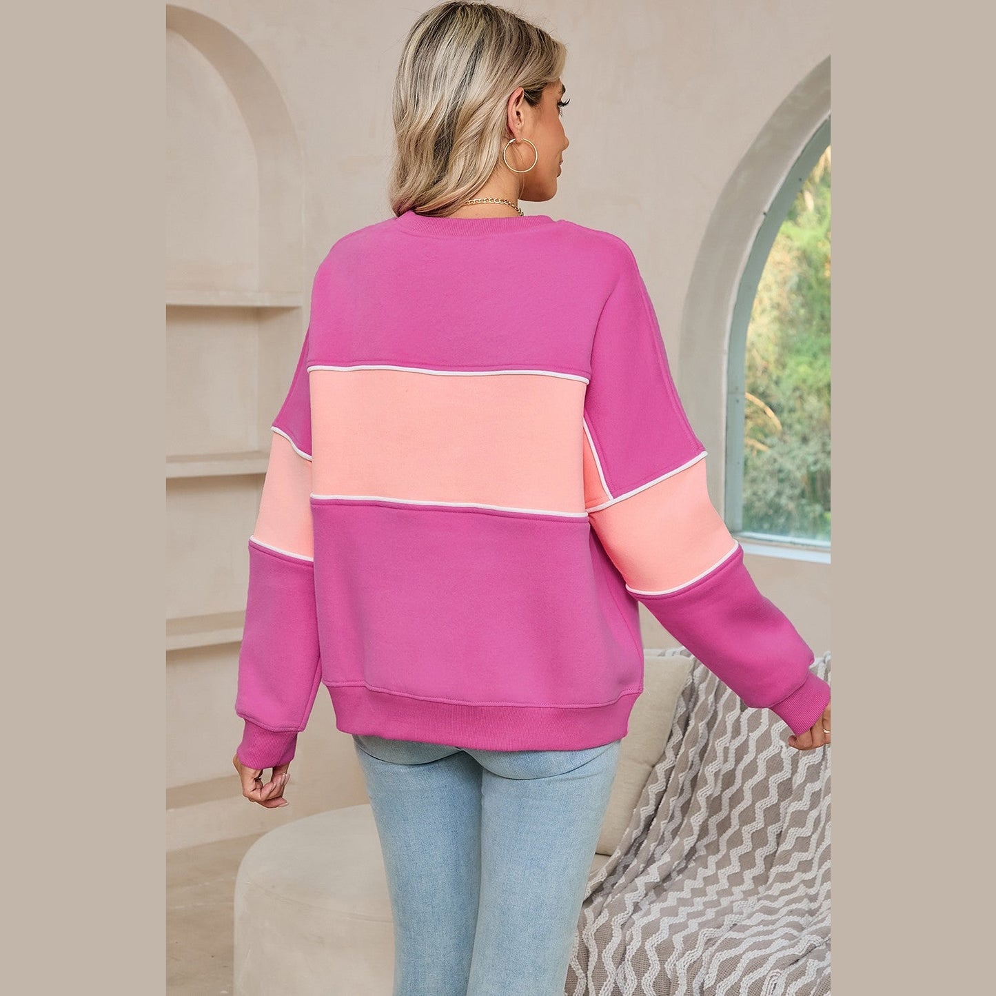 Gilly Sachet Pink Colorblock Patchwork Drop Shoulder Ribbed Trim Sweatshirt