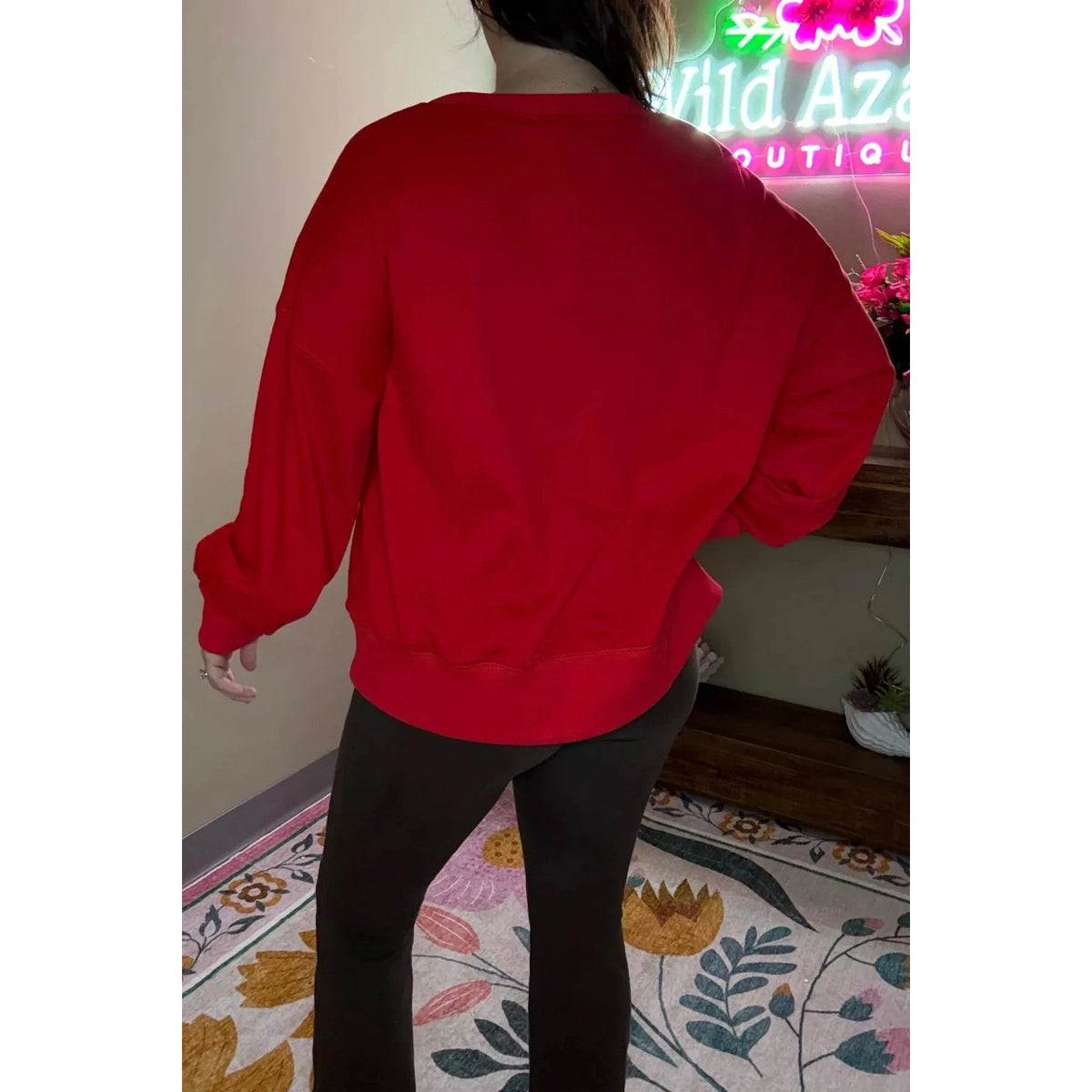Fiery Red Christmas Embroidered Long Sleeve Casual Round Neck Loose Fit Sweatshirt
