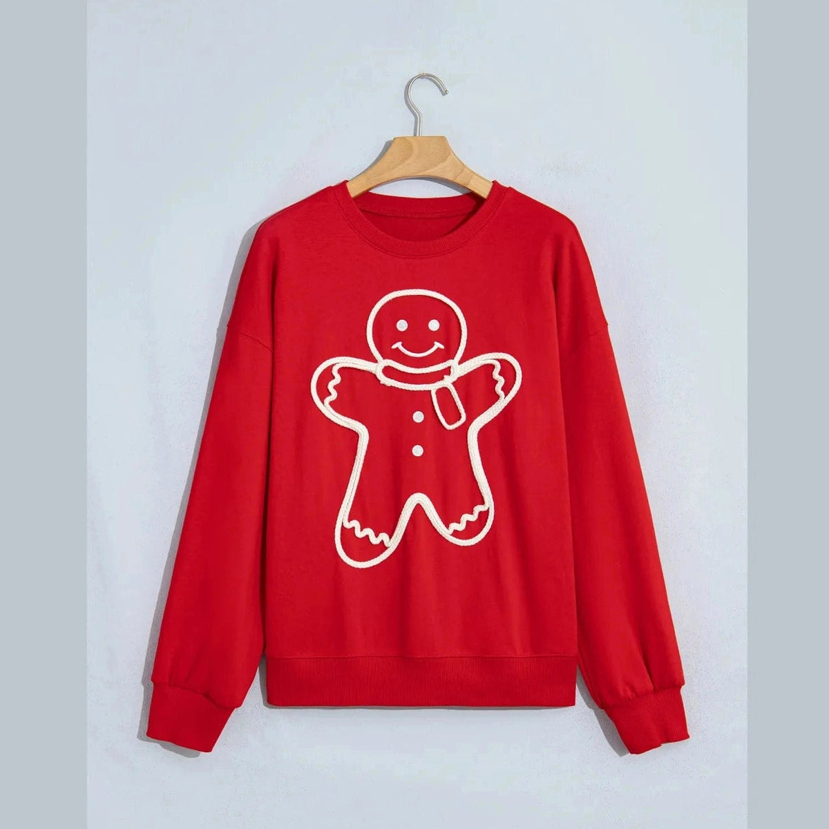 Fiery Red Christmas Embroidered Long Sleeve Casual Round Neck Loose Fit Sweatshirt