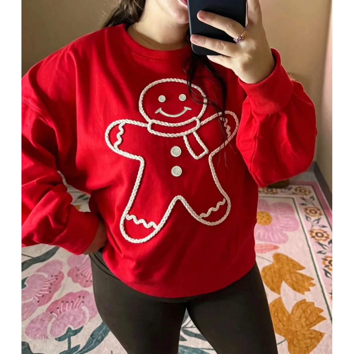 Fiery Red Christmas Embroidered Long Sleeve Casual Round Neck Loose Fit Sweatshirt