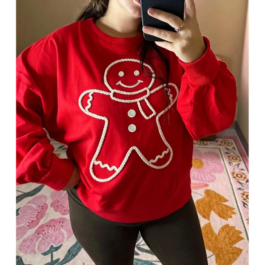 Fiery Red Christmas Embroidered Long Sleeve Casual Round Neck Loose Fit Sweatshirt