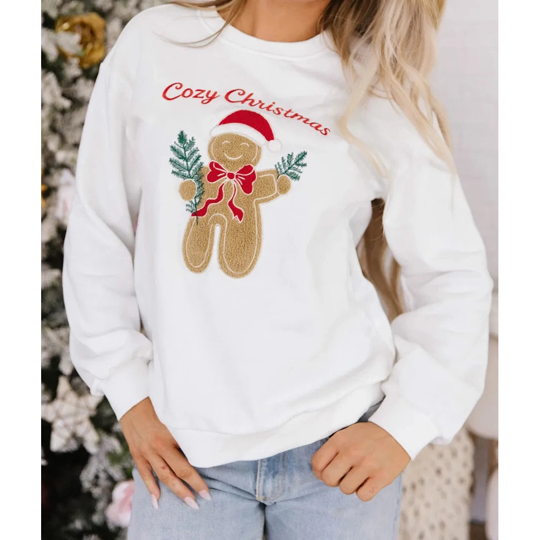 White Embroidered Gingerbread Cozy Christmas Long Sleeve Round Neck Pullover Sweatshirt