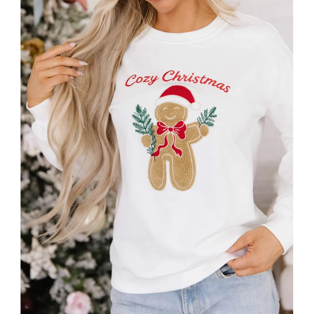 White Embroidered Gingerbread Cozy Christmas Long Sleeve Round Neck Pullover Sweatshirt