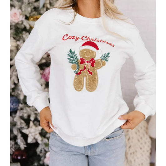 White Embroidered Gingerbread Cozy Christmas Long Sleeve Round Neck Pullover Sweatshirt