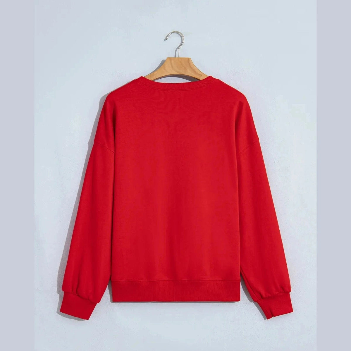 Fiery Red Christmas Embroidered Long Sleeve Casual Round Neck Loose Fit Sweatshirt