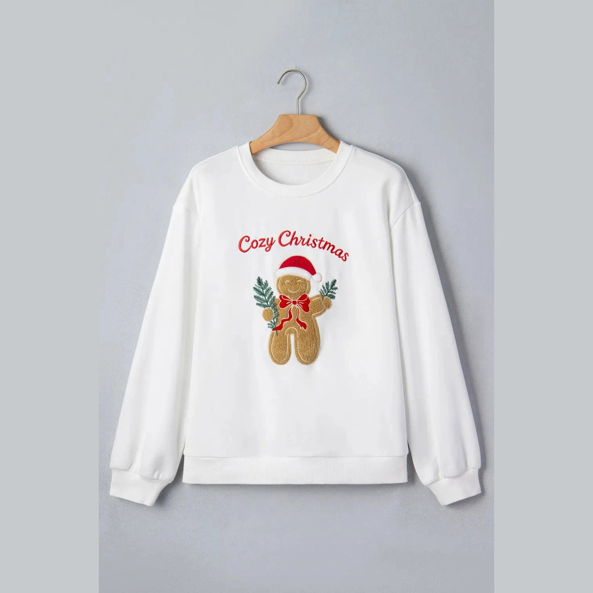 White Embroidered Gingerbread Cozy Christmas Long Sleeve Round Neck Pullover Sweatshirt