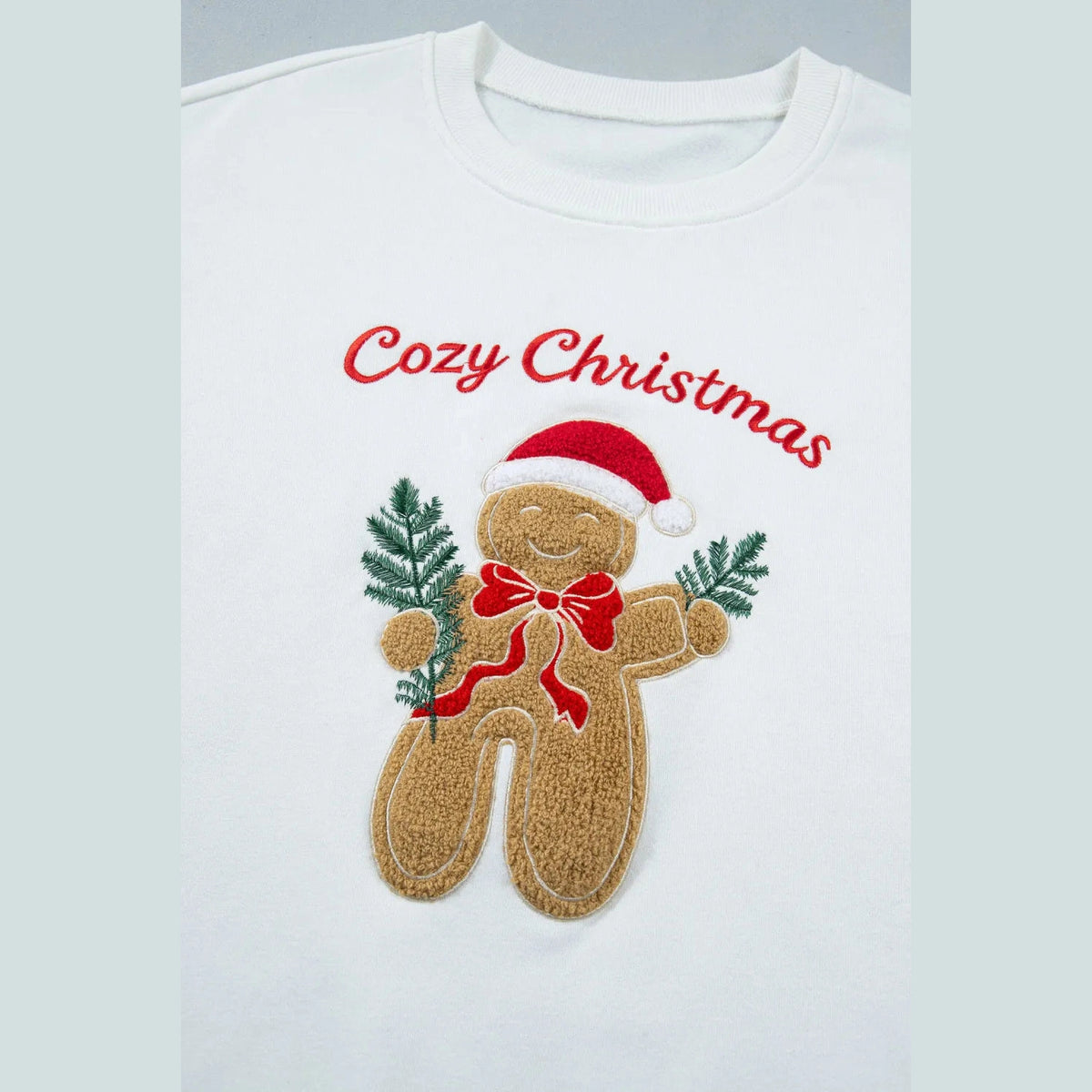 White Embroidered Gingerbread Cozy Christmas Long Sleeve Round Neck Pullover Sweatshirt