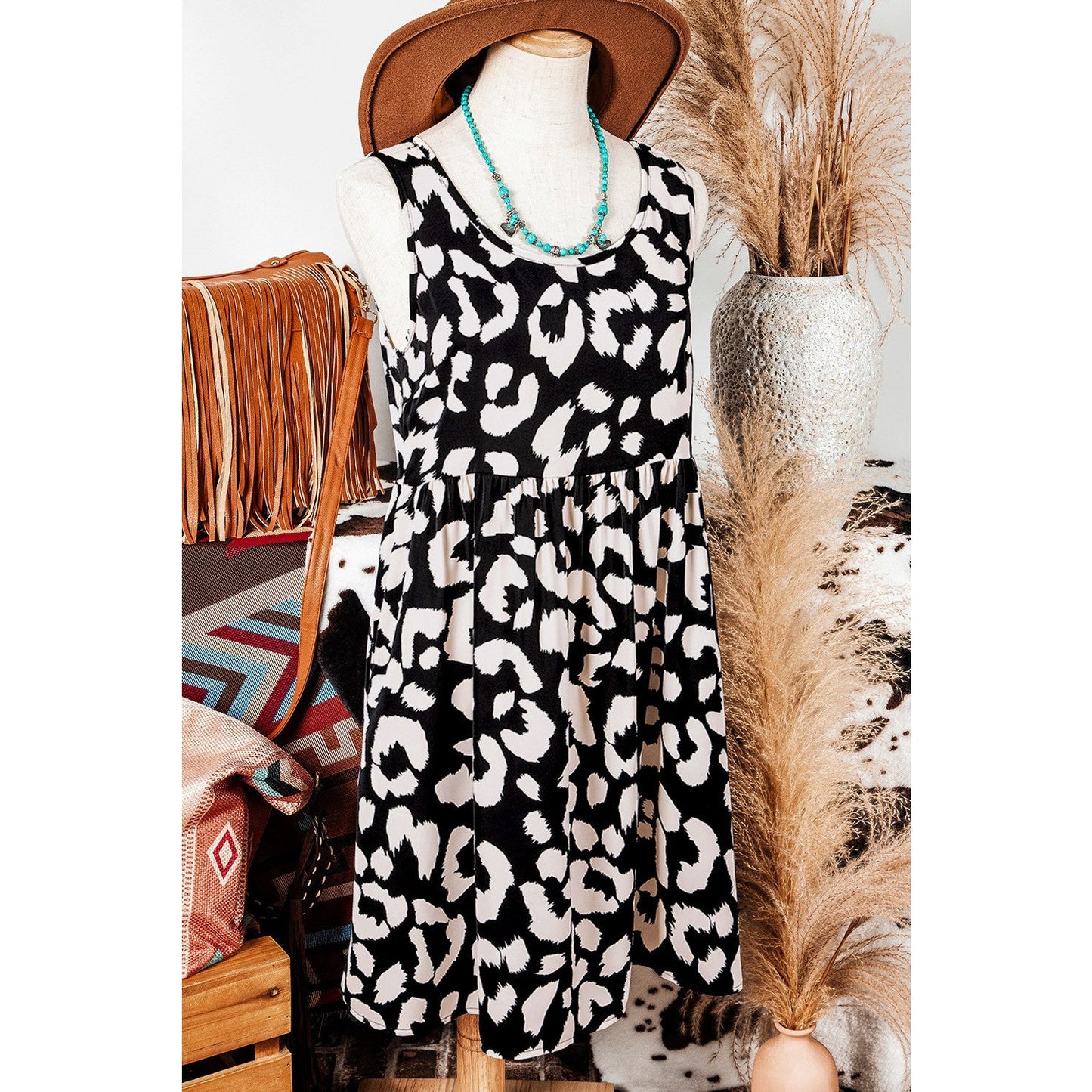 Ginnifer Black Leopard Print U Neck Sleeveless High Waist Dress