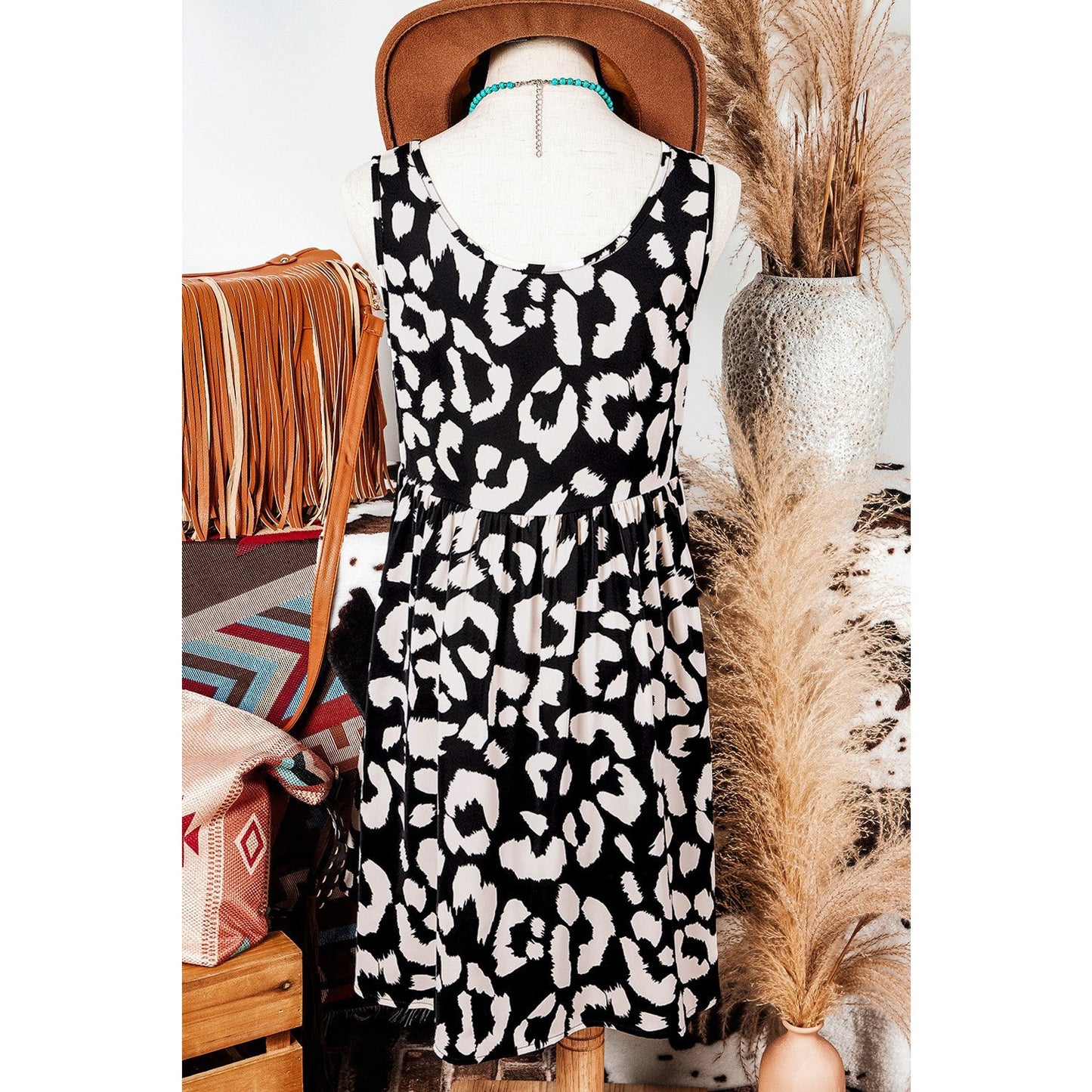 Ginnifer Black Leopard Print U Neck Sleeveless High Waist Dress