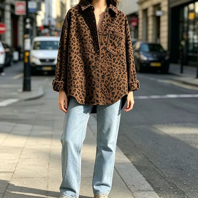 Glendora Brown Leopard Print Button‑Up Shirt