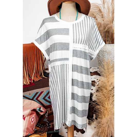 Glendora Grey Stripe Mixed Printed Short Sleeve Shift Mini T Shirt Dress