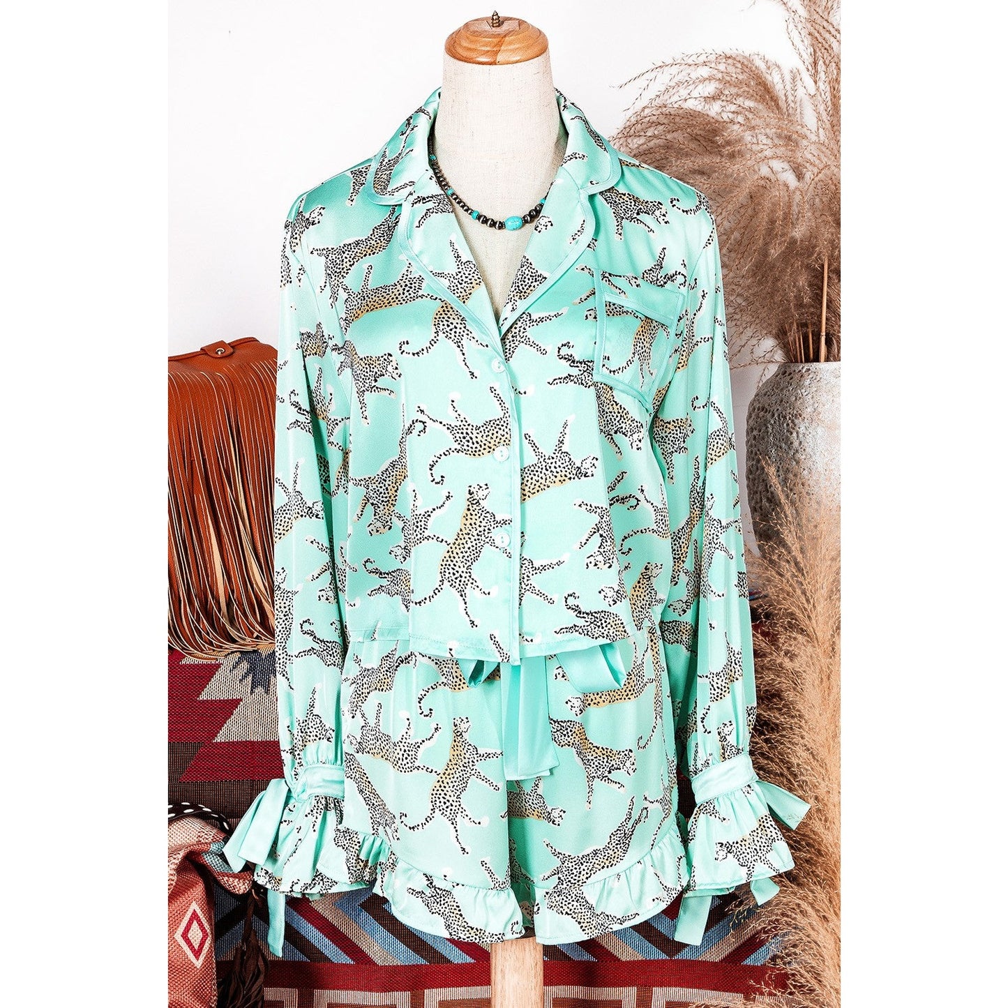 Glennette Green Leopard Satin Ruffle Pajama Short Set