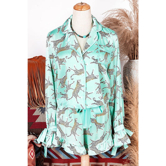Glennette Green Leopard Satin Ruffle Pajama Short Set