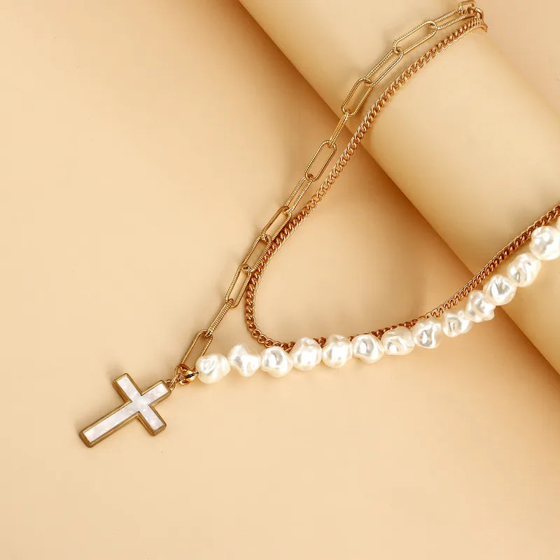 Layered Faux Pearl and Cross Necklace