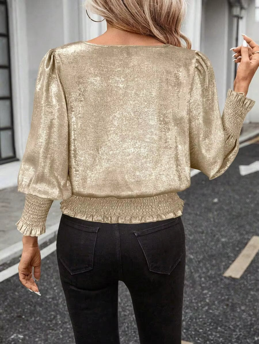Edelle Gold Metallic Glow Puff‑Sleeve Top