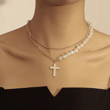 Layered Faux Pearl and Cross Necklace