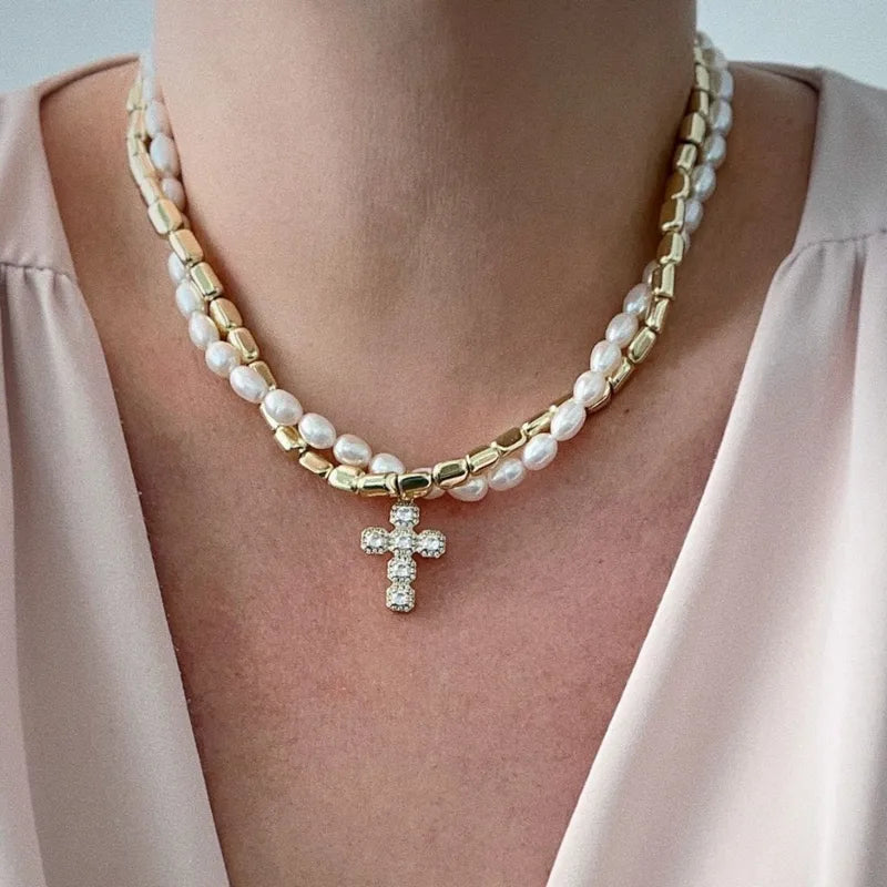 Imitation Pearl Necklace  w/ Cross Pendant - 2 Colors