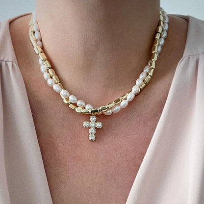 Imitation Pearl Necklace  w/ Cross Pendant - 2 Colors