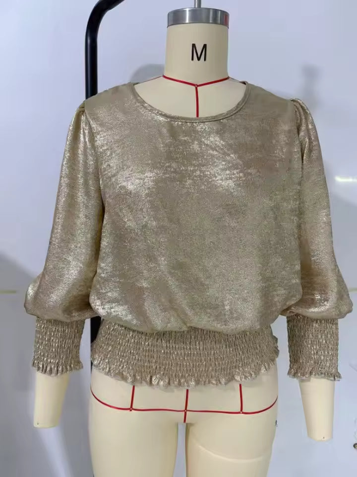 Edelle Gold Metallic Glow Puff‑Sleeve Top
