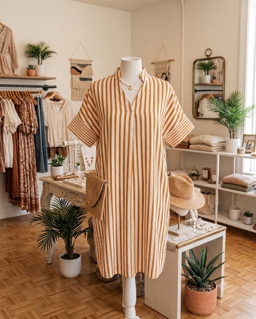 SALE!!!  Grace Ann Brown Stripe Pinched V Neck Turn-up Cuffs Shift Mini Dress