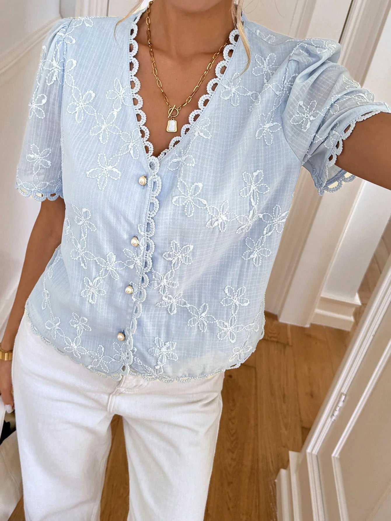 Graceann Blue Scalloped Bloom Embroidered Blouse