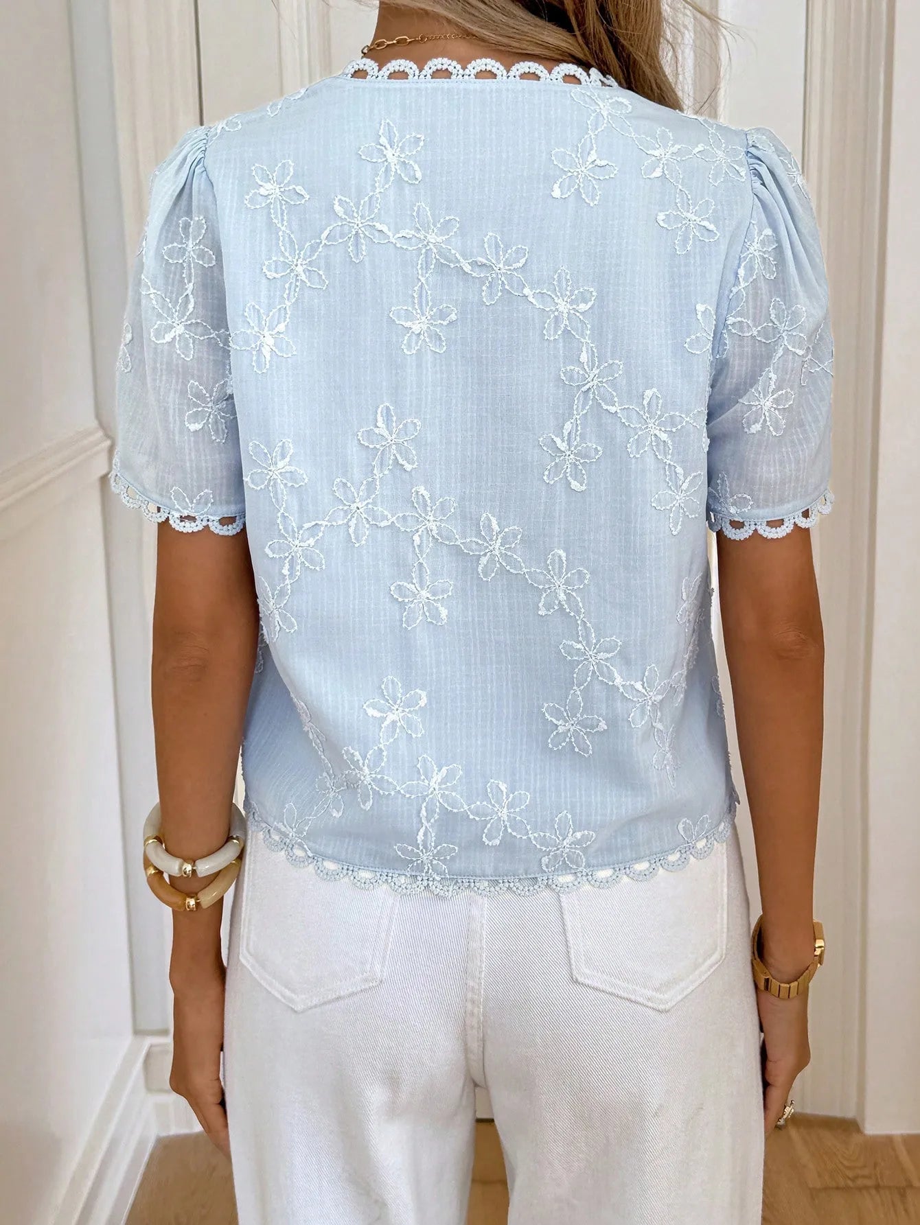 Graceann Blue Scalloped Bloom Embroidered Blouse