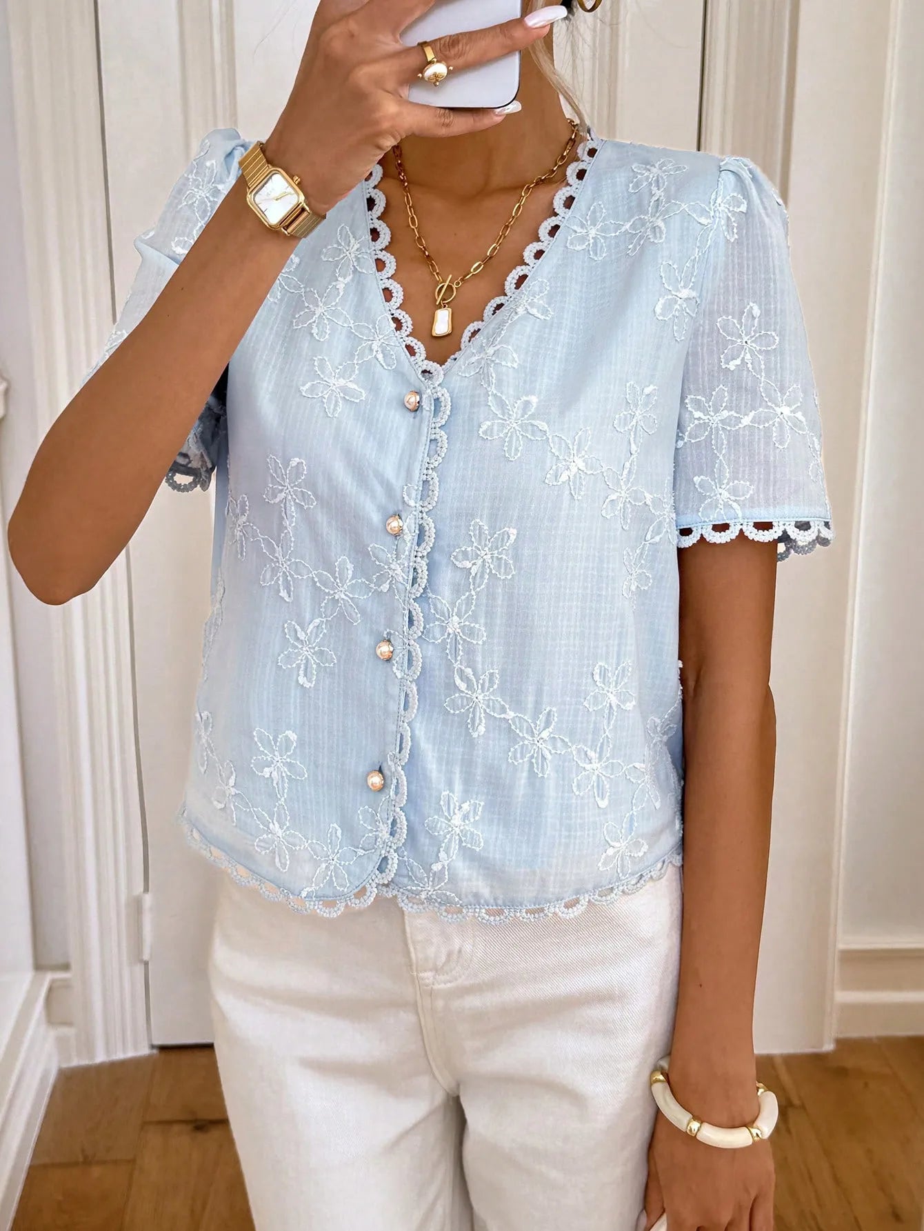 Graceann Blue Scalloped Bloom Embroidered Blouse