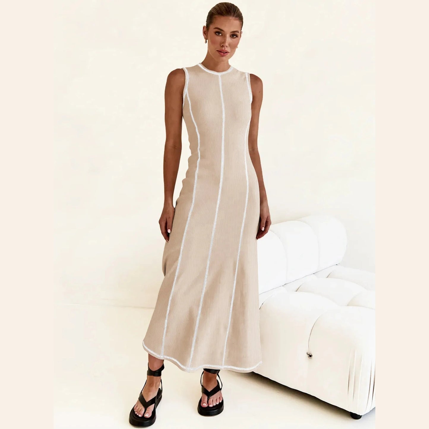 Gracia Apricot Sleeveless Longline Dress with Vertical Piping