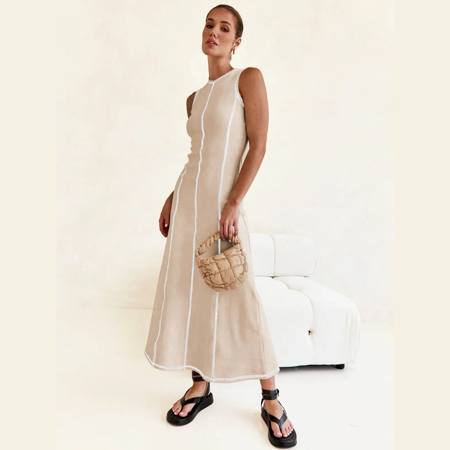 Gracia Apricot Sleeveless Longline Dress with Vertical Piping
