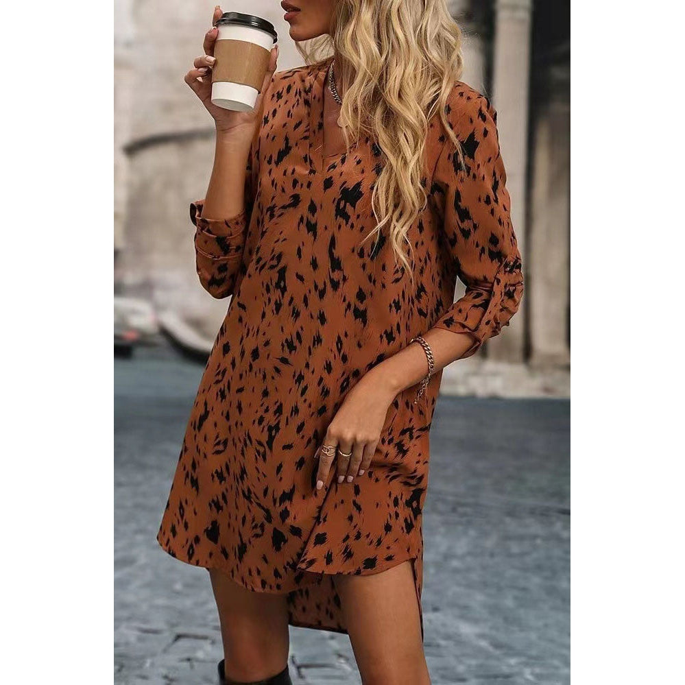 Gracia Brown Leopard Print Stand Up Collar Long Sleeve Dress