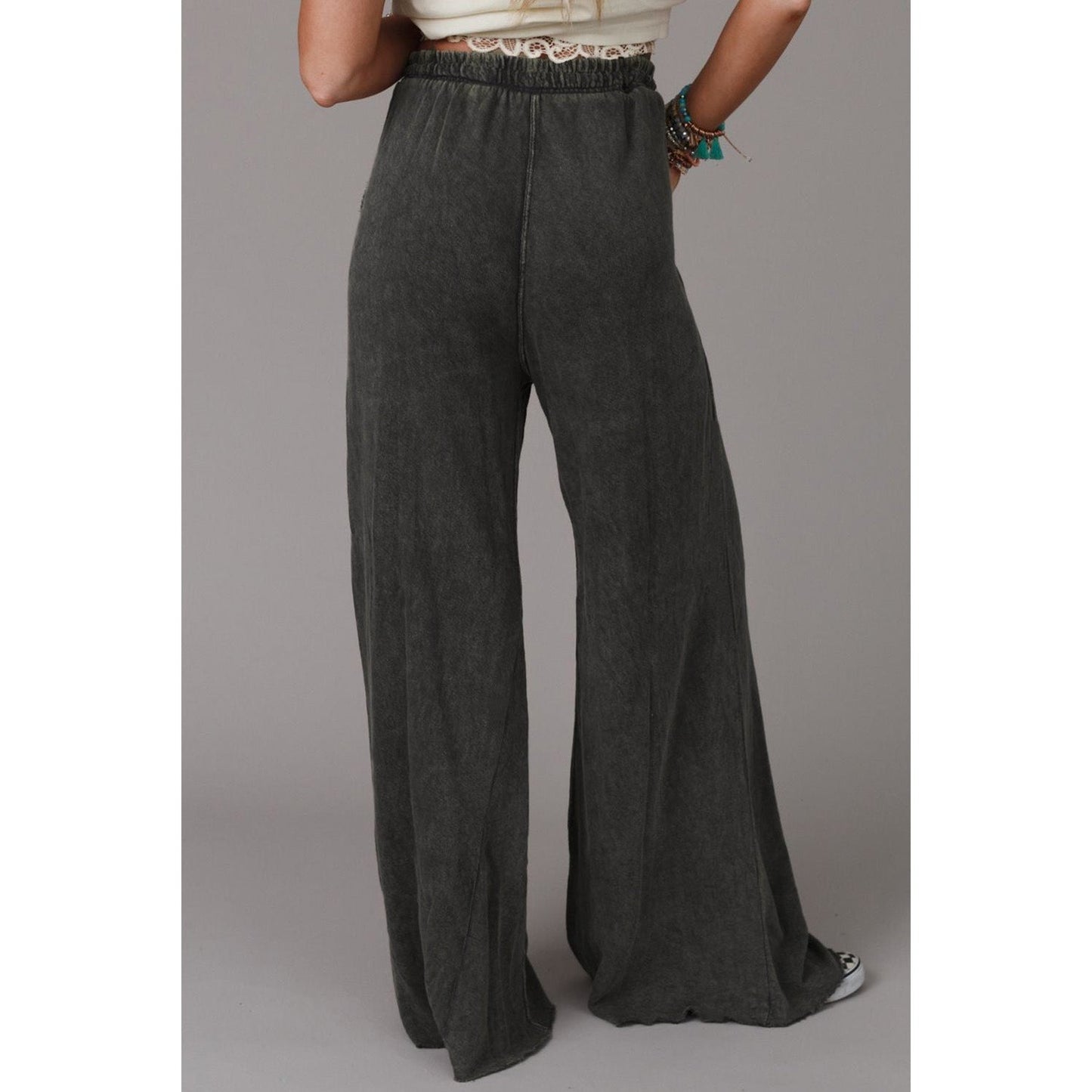 Gracia Grey Mineral Washed Drawstring Retro Wide Leg Pants