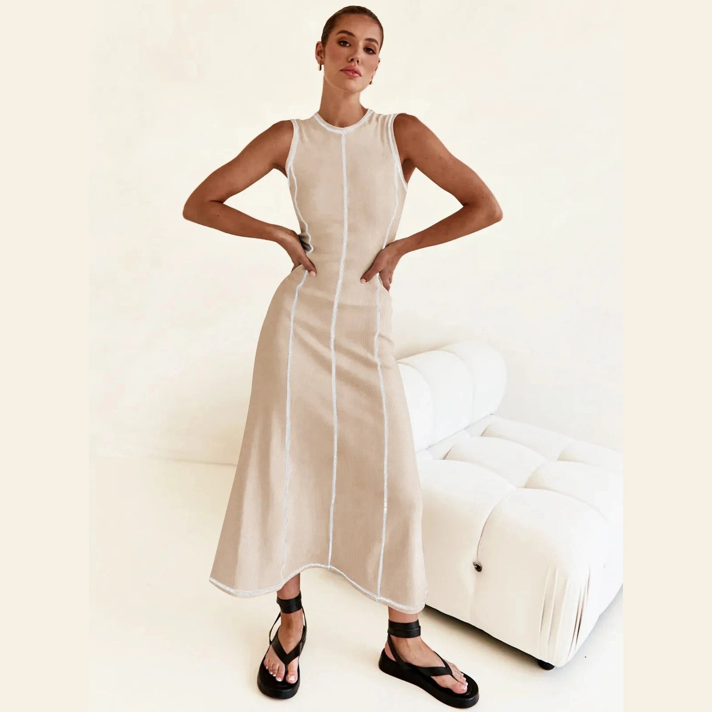 Gracia Apricot Sleeveless Longline Dress with Vertical Piping