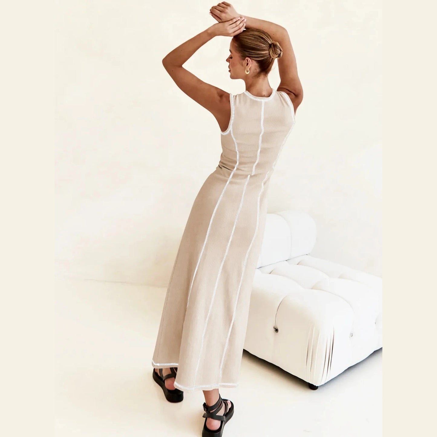 Gracia Apricot Sleeveless Longline Dress with Vertical Piping