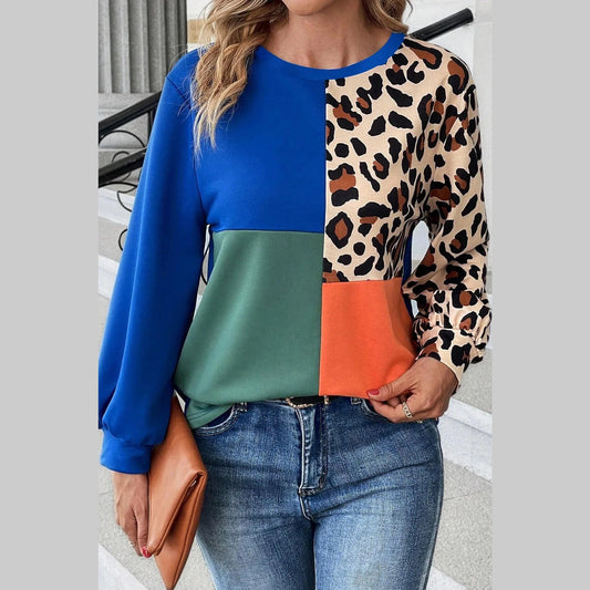 Gracy Dark Blue Leopard Print Colorblock Long Sleeve Top