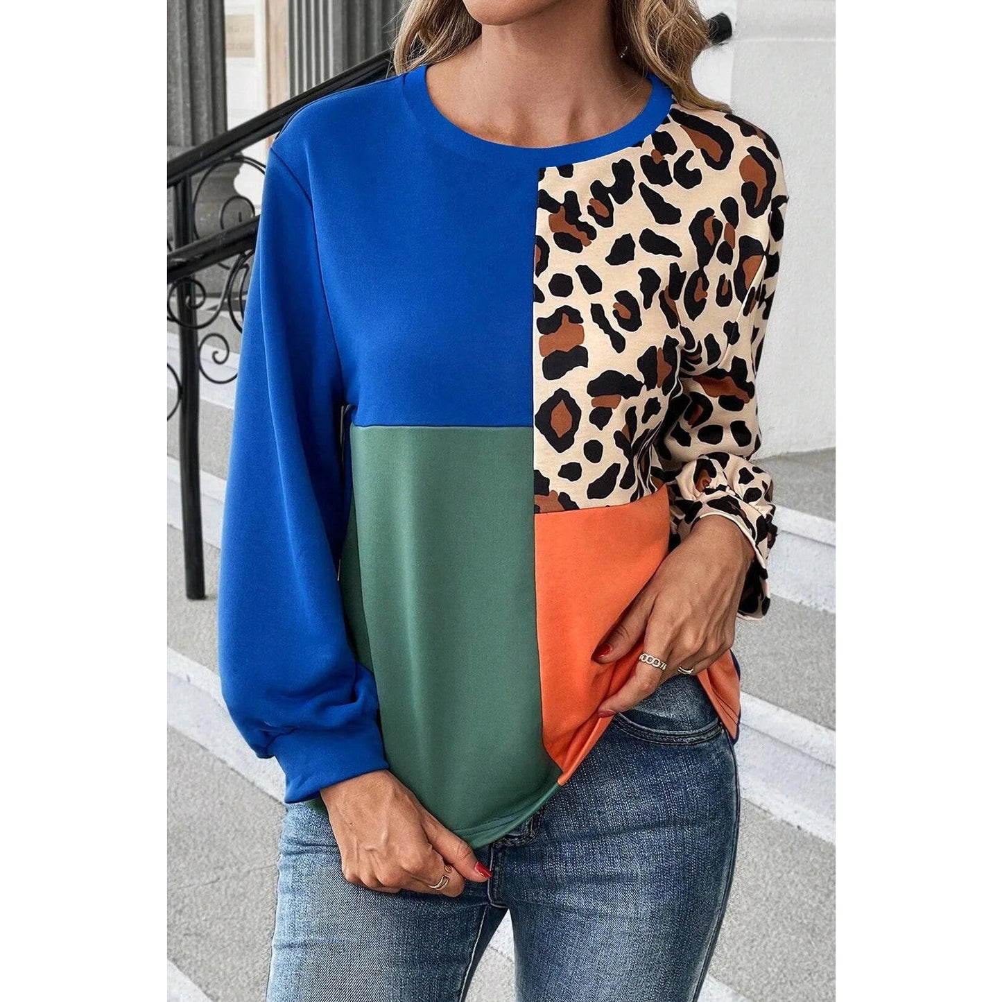 Gracy Dark Blue Leopard Print Colorblock Long Sleeve Top