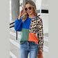 Gracy Dark Blue Leopard Print Colorblock Long Sleeve Top