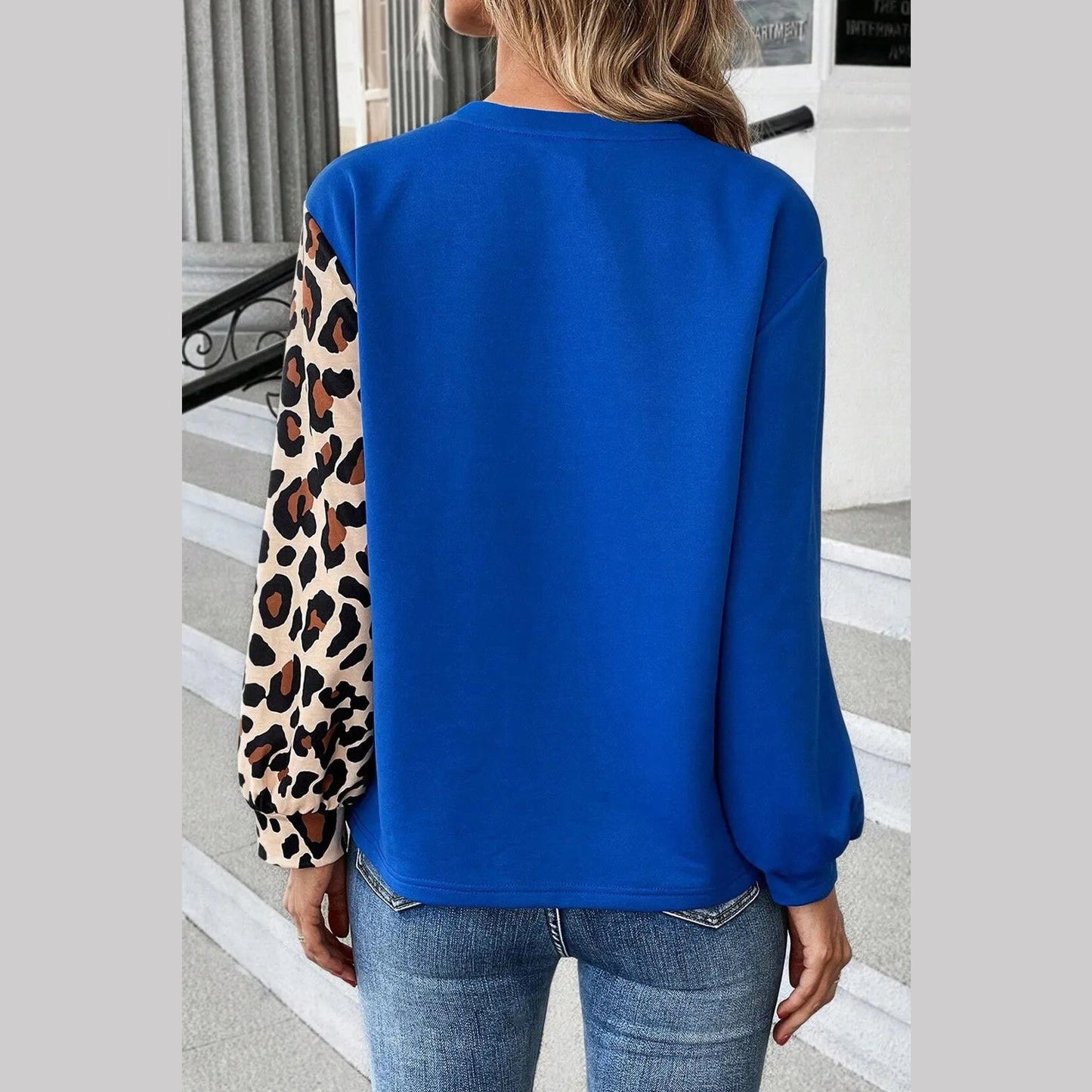 Gracy Dark Blue Leopard Print Colorblock Long Sleeve Top